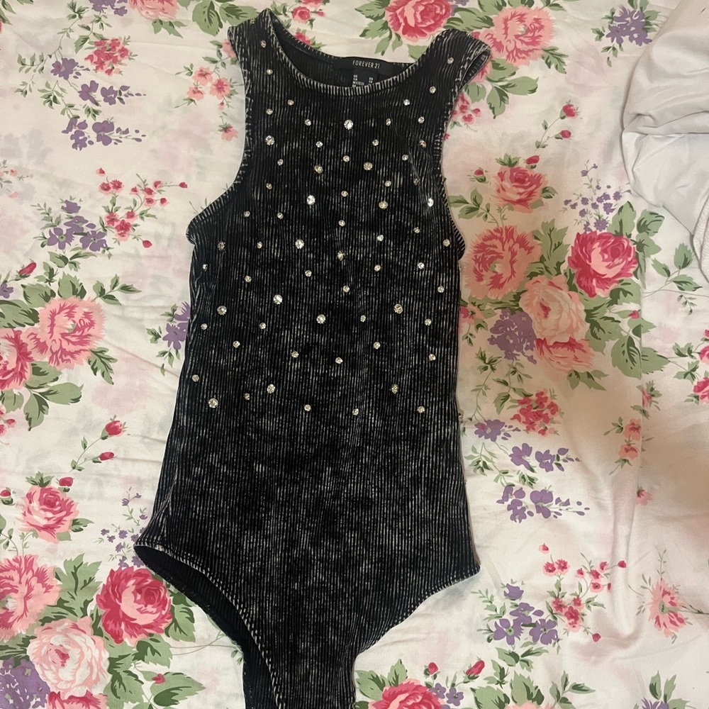 Forever 21 Washed Black Rhinestone Body Suit XS